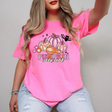 Pumpkin Season Retro Flowers DTF Heat Transfer, pink graphic t-shirt featuring pumpkins, flowers, a bat, and the text 'Pumpkin Season' for fall and Halloween decorating.