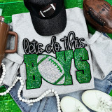 Let's Do This Boys Green/Silver Sequins Patch, football-themed patch on a gray sweatshirt with other sports accessories around.