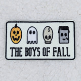 The Boys Of Fall Embroidered HAT/POCKET Patch, Halloween-themed skull, ghost, skull, and Frankenstein face designs with the text The Boys Of Fall.