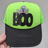 Sequin BOO Ghost HAT/POCKET Patch, lime green and black trucker cap with sequin embroidered Boo and ghost patch.