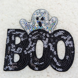 Sequin BOO Ghost HAT/POCKET Patch, black and white sequined ghost with the word 'BOO' in bold letters.