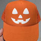 Jack O Lantern PUFF Hat/Pocket Screen Print Heat Transfer, orange trucker style cap featuring a white illuminated jack-o'-lantern face design.