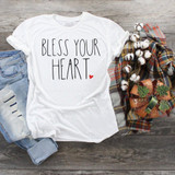 Bless Your Heart Sublimation Transfer, white T-shirt with 'Bless Your Heart' printed design along with a small red heart on the front.