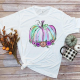 Pastel watercolor floral pumpkin sublimation transfer, colorful pumpkin with floral accents, designed for crafting or decorating.