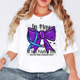 T-shirt, In May We Wear Purple & Blue Pediatric Stroke Awareness Month DTF Heat Transfer design featuring a purple ribbon with a blue stethoscope and hearts.