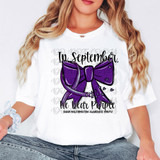 In September We Wear Purple Chiari Malformation Awareness Month DTF Heat Transfer, a woman wearing a white T-shirt with a purple bow and heart design for Chiari Malformation awareness.