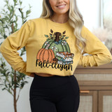 Fall-elujah DTF Heat Transfer, illustrated autumn-themed design with pumpkins, books, flowers, and a butterfly on a yellow sweatshirt.