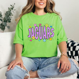 Jaguars Happy Face DTF Heat Transfer, vibrant colorful smiley faces and stars on a bright green T-shirt.