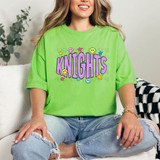 Knights Happy Face DTF Heat Transfer, colorful cheerful smiley face design on bright green T-shirt.