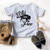 Wild and Free Buffalo FINAL STOCK-TODDLER Screen Print Heat Transfer, toddler's grey t-shirt with black buffalo print and the words 'Wild and Free' on it.