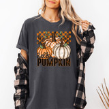Hello Pumpkin DTF Heat Transfer, Halloween-themed pumpkin design on a dark gray T-shirt.