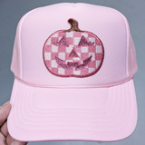 PINK Checkered Jack O Lantern Rhinestone Embroidered HAT/POCKET Patch, a pink cap with a checkered pumpkin design adorned with rhinestones.