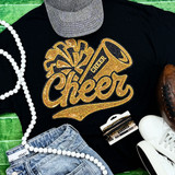 Cheer Pom and Megaphone Black/Gold Sequin Patch, decorative sequin patch featuring a cheerleading megaphone and pom-poms design in black and gold sequins.