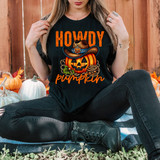 Howdy Pumpkin Cowboy DTF Heat Transfer, a Halloween-themed graphic design featuring a smiling jack-o'-lantern with a cowboy hat, surrounded by pumpkins and autumn decorations.