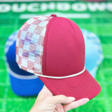 Maroon & White Checkered Foam Trucker Hat, stylish red and checkered mesh baseball cap with white piping.