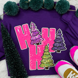 Sequin HoHoHo with Trees Patch, colorful glittering sequin patch on purple fabric featuring Christmas trees and the text 'HoHoHo' for festive holiday decoration.