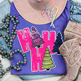 Sequin HoHoHo with Trees Patch, embellished iron-on patches featuring festive Christmas trees with colorful sequins on a purple sweatshirt.