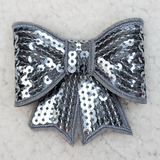 ALL Antique Silver Sequin Bow Hat/Pocket Patch, decorative silver sequin bow patch with intricate design for clothing or accessories.
