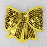 YELLOW Sequin Bow HAT/POCKET Patch, yellow fabric bow with shiny gold sequins and stitched edges.