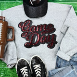 Sequins Maroon Game Day Patch, sparkling maroon and black sequin patch with the text 'Game Day' for sports or team spirit apparel.