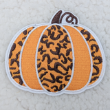 Leopard Pumpkin Embroidered HAT/POCKET Patch, Halloween-themed pumpkin embroidered patch with leopard print design in orange, black, and white colors.