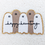 Happy Haunting Ghosts Embroidered HAT/POCKET Patch, Halloween-themed ghost patch with holiday message embroidered on it.