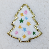 White Christmas Tree Embroidered Chenille HAT/POCKET Patch, decorative embroidered patch featuring a Christmas tree shape with colorful star designs and a gold sequin border.