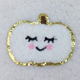 WHITE Pumpkin Embroidered Chenille HAT/POCKET Patch, a cute white pumpkin patch with embroidered face and pink cheeks, outlined with gold glitter.