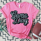 FAUX Silver Sequins Game Day Patch DTF Heat Transfer, pink t-shirt with 'Game Day' logo made of silver sequins fabric.
