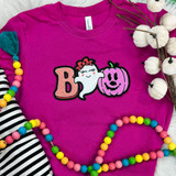 YOUTH Girly BOO Ghost Pumpkin Chenille Patch, colorful embroidered ghost and pumpkin Halloween apparel decoration on a pink T-shirt.