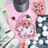 Sequins Pink Santa Patch, pink sequin Christmas patch featuring Santa with holly on his hat, decorated with colorful sequins on a pink fabric background.