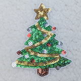 Christmas Tree Sequin HAT/POCKET Patch, a decorative patch featuring a green Christmas tree adorned with colorful sequins, gold sequin garland, and a gold star on top.