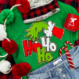 HOHOHO Green Guy Hand Chenille Patch, Christmas-themed green patch with a hand holding a glass of beer and the text 'Ho Ho Ho'.