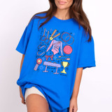 Gymnastics Elements DTF Heat Transfer, colorful gymnastics-themed design on a blue T-shirt featuring gymnastic equipment and medals.