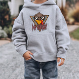 Def Hungry Turkey DTF Heat Transfer, product on a child's grey hoodie showcasing a colorful eagle graphic with stylized text.