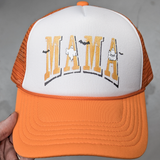 Mama Ghosts Hat/Pocket Screen Print Heat Transfer, orange and white trucker hat featuring Halloween-themed ghost and bat design with the word 'MAMA' in bold letters.