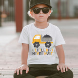 Product A Little Dirt Never Hurt DTF Heat Transfer, image of a young boy wearing a white t-shirt with a graphic of a yellow dump truck and the phrase "A Little Dirt Never Hurt" printed on it.