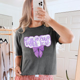 Wifey Purple Chinoiserie DTF Heat Transfer, purple text with a bow graphic on a black t-shirt.
