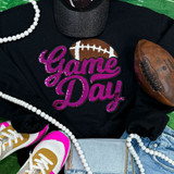 Purple Sequin Football Game Day Patch, vibrant purple sequined football game day patch on black sweatshirt with athletic shoes, football, pearl necklace, and jeans.
