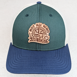 Not All Who Wander Are Lost Leather Hat Patch, humorous patch featuring a compass and the phrase, on a cap with green, white, and blue colors.