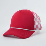 Red & White Checkered Foam Trucker Hat, stylish cap featuring a checkered pattern with foam material design.