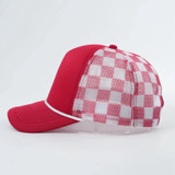 Red & White Checkered Foam Trucker Hat, stylish adjustable cap with mesh back and curved brim in red and white checkered pattern.