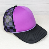 Neon Purple & Black Checkered Foam Trucker Hat, close-up view of the stylish trucker hat with vibrant neon purple front panel, checkered mesh back, and black brim.