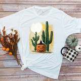 Jack O'Lantern Cactus Sublimation Transfer, Halloween-themed design featuring a jack-o'-lantern with a witch hat and multiple cacti on a t-shirt.
