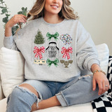 Christmas Vacation Coquette DTF Heat Transfer, festive holiday Christmas sweater design with Christmas trees, bows, lights, reindeer, and humorous text.