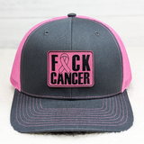 F*ck Cancer FAUX Leather Patch, pink and gray trucker hat with a pink ribbon and 'F*CK CANCER' message on the front