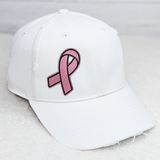 Awareness Ribbon FAUX Leather Patch, Pink awareness ribbon patch attached to a white baseball cap.