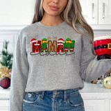 Mamaw Claus Faux Embroidery DTF Heat Transfer, festive Christmas sweatshirt with holiday-themed embroidered design spelling 'Merry' with Santa hats, elf and reindeer elements.