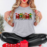 Momma Claus Faux Embroidery DTF Heat Transfer, colorful Christmas themed embroidered design on a grey T-shirt featuring festive elves and reindeer elements.