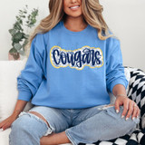 Cougars Blue Floral Mascot Faux Glitter DTF Heat Transfer, a blue sweatshirt with the word 'Cougars' in blue and white glitter design with floral accents.
